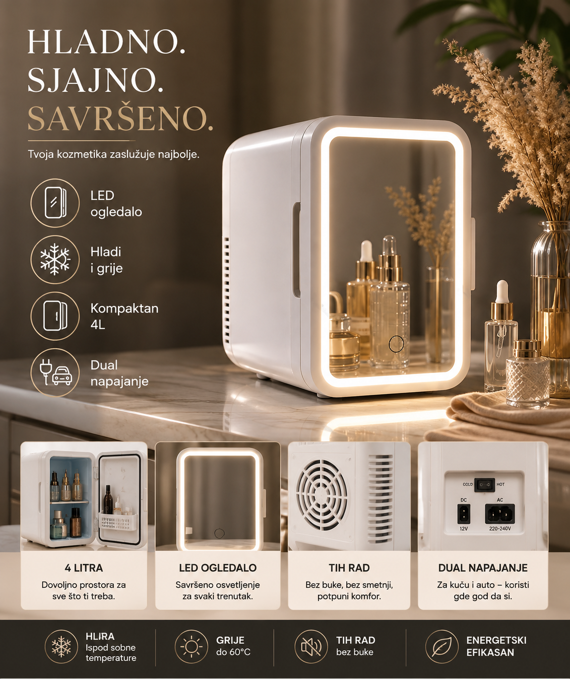 Mini Frižider za Kozmetiku sa LED Ogledalom – Prenosni Beauty Frižider za Šminku, Kreme i Kozmetiku