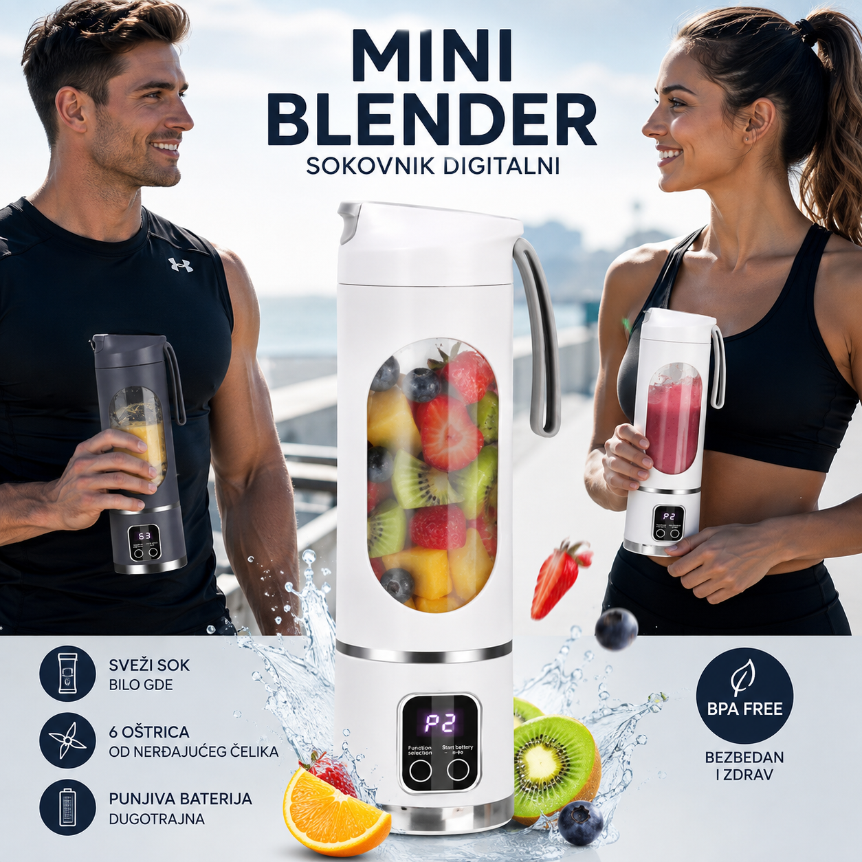Prenosni Digitalni Mini Blender – USB Punjenje, Smoothie Maker za Voće, Povrće i Proteinske Napitke