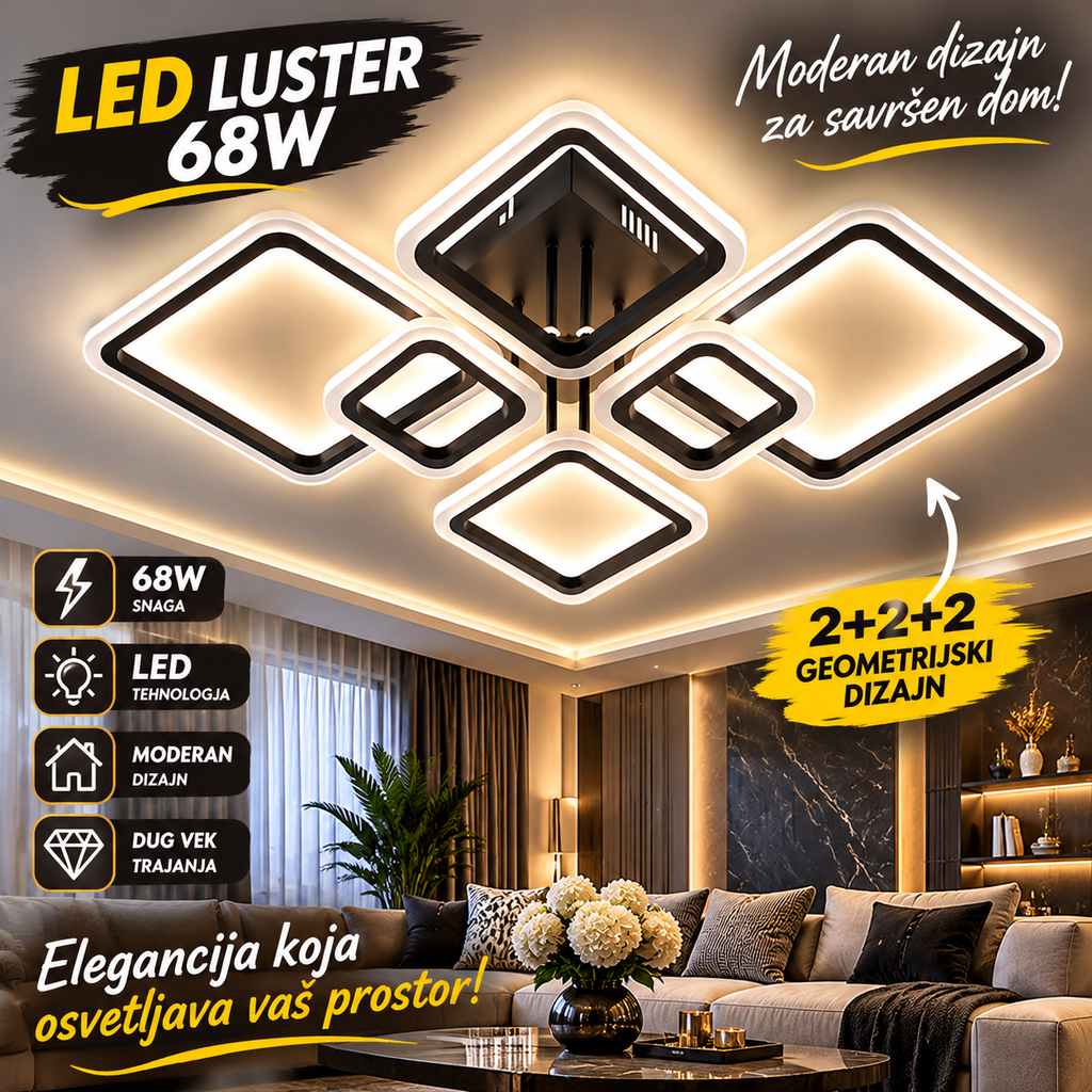 LED Luster 68W 2+2+2 – Moderan Geometrijski Plafonski Luster