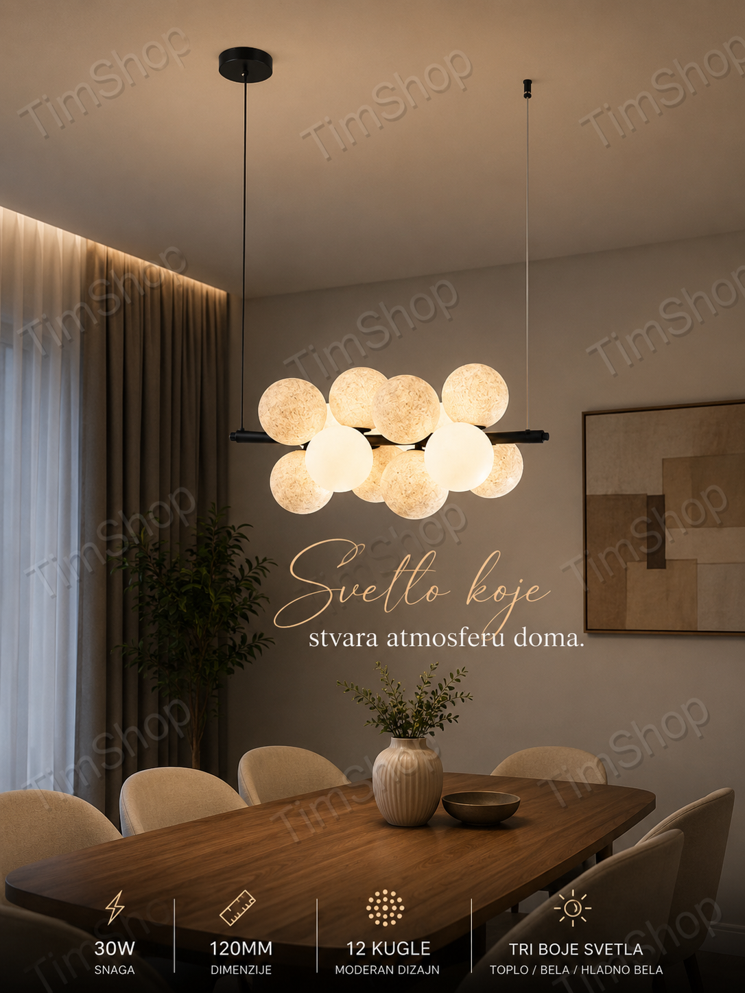 Modern linear pendant chandelier with 12 textured spherical glass globes, shown hanging over a wooden dining table in a warm, contemporary dining room. Finnish text overlays describe the light's features: 30W power, 120mm globe size, 12 bulbs, and tri boje swetla (tri-color light) with top and bottom tables.