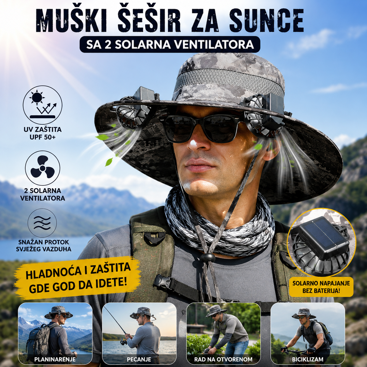 Solarni Šešir sa Ventilatorima – Muški Letnji Šešir za Hlađenje i Zaštitu od Sunca