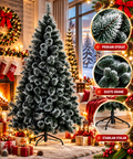A tall artificial Christmas tree with a frosted snow-dusted finish stands in a decorated living room. The scene includes holiday wreaths, stockings, wrapped gifts, warm fireplace light, and three circular inset close-ups showing the tree texture, labeled in Turkish as 'PRSKANI EFEKT', 'GUSTE GRANE', and 'STABIL STALAK'.