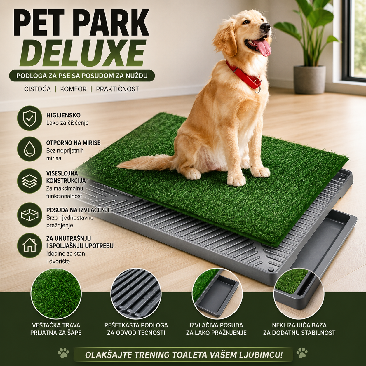 PET PARK DELUXE – Higijenski Toalet za Pse sa Veštačkom Travom i Posudom za Nuždu