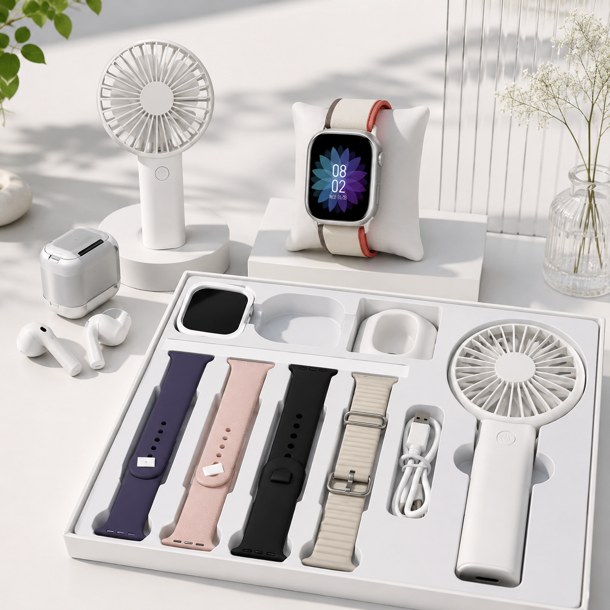 Pametni Sat D96 Plus – Smart Watch Set sa 7 Narukvica, Bežičnim Slušalicama i Mini Ventilatorom | Bluetooth Pozivi i Praćenje Zdravlja