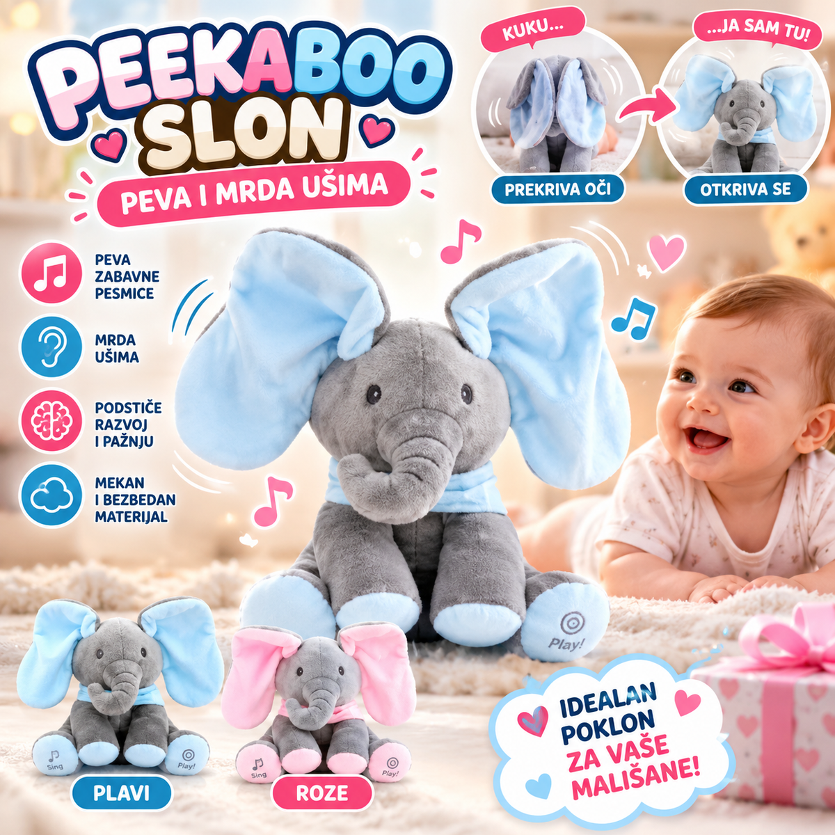 Peekaboo Slon za Decu – Plišani Slon koji Peva, Mrda Ušima i Igra Zavirivanja
