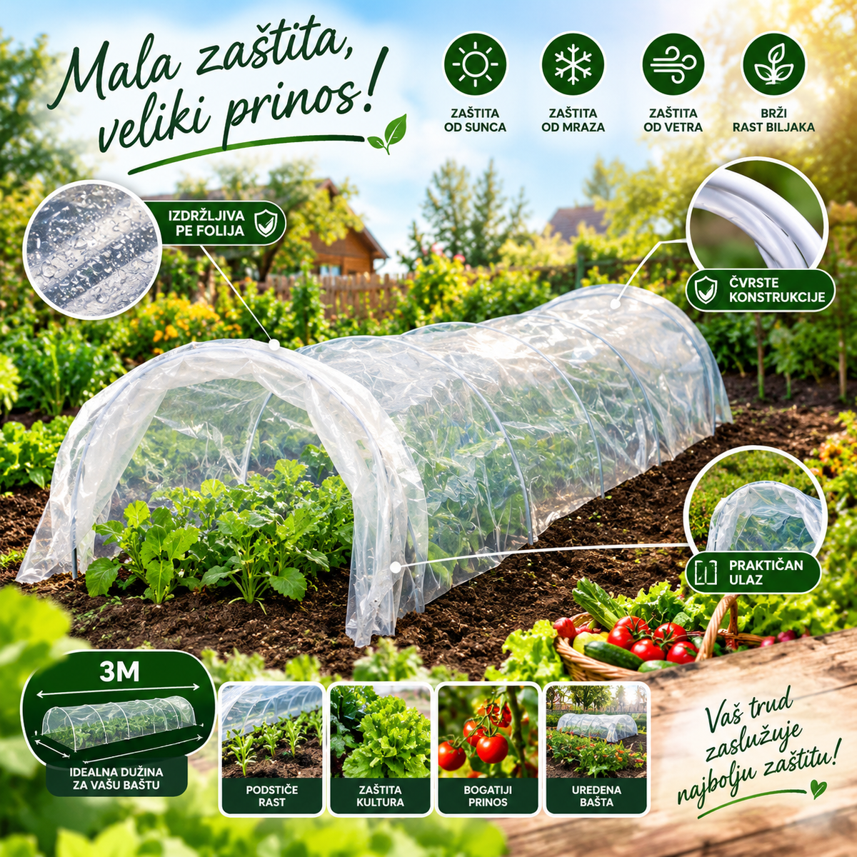 A clear plastic tunnel-style garden cover shown draped over a row of green plants in a garden bed, with multiple callout circles and text in Slovak highlighting features such as tear-away film, durable construction, and 3-meter length. The scene includes soil, vegetables, and a blurred garden background.