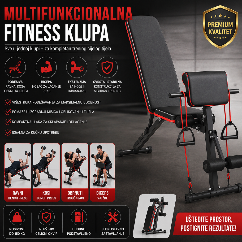 Profesionalna Multifunkcionalna Fitness Klupa za Kućni Trening | 7 Nivoa Podešavanja, Biceps Nosač i Trenažer za Noge
