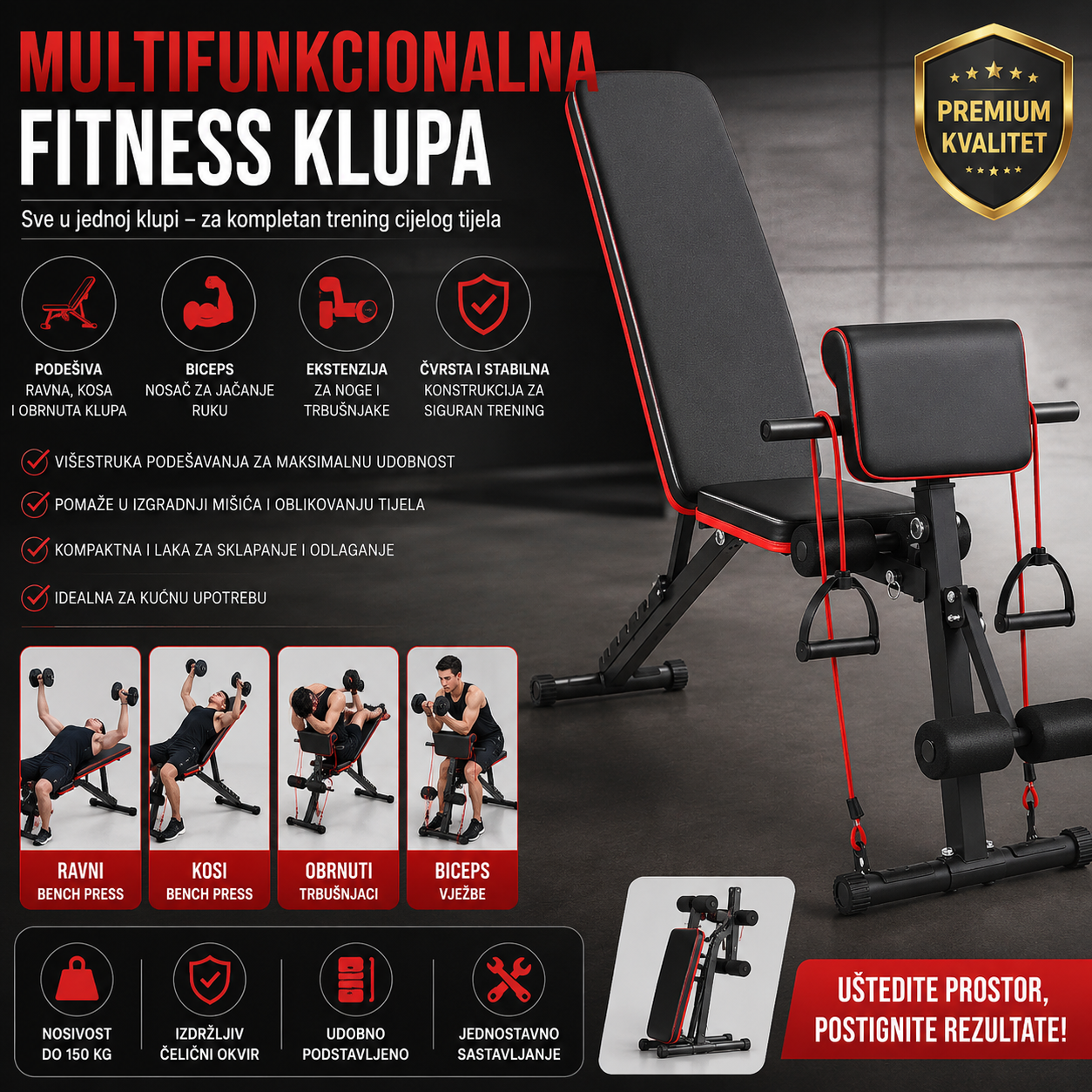 Profesionalna Multifunkcionalna Fitness Klupa za Kućni Trening | 7 Nivoa Podešavanja, Biceps Nosač i Trenažer za Noge