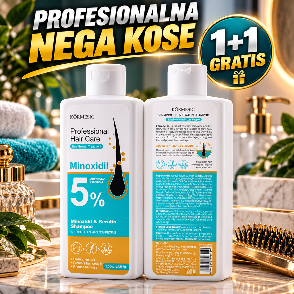 Profesionalni Šampon za Kosu sa Minoksidilom i Keratinom 5% – Formula za Negu Kose, 265g 1+1 GRATIS