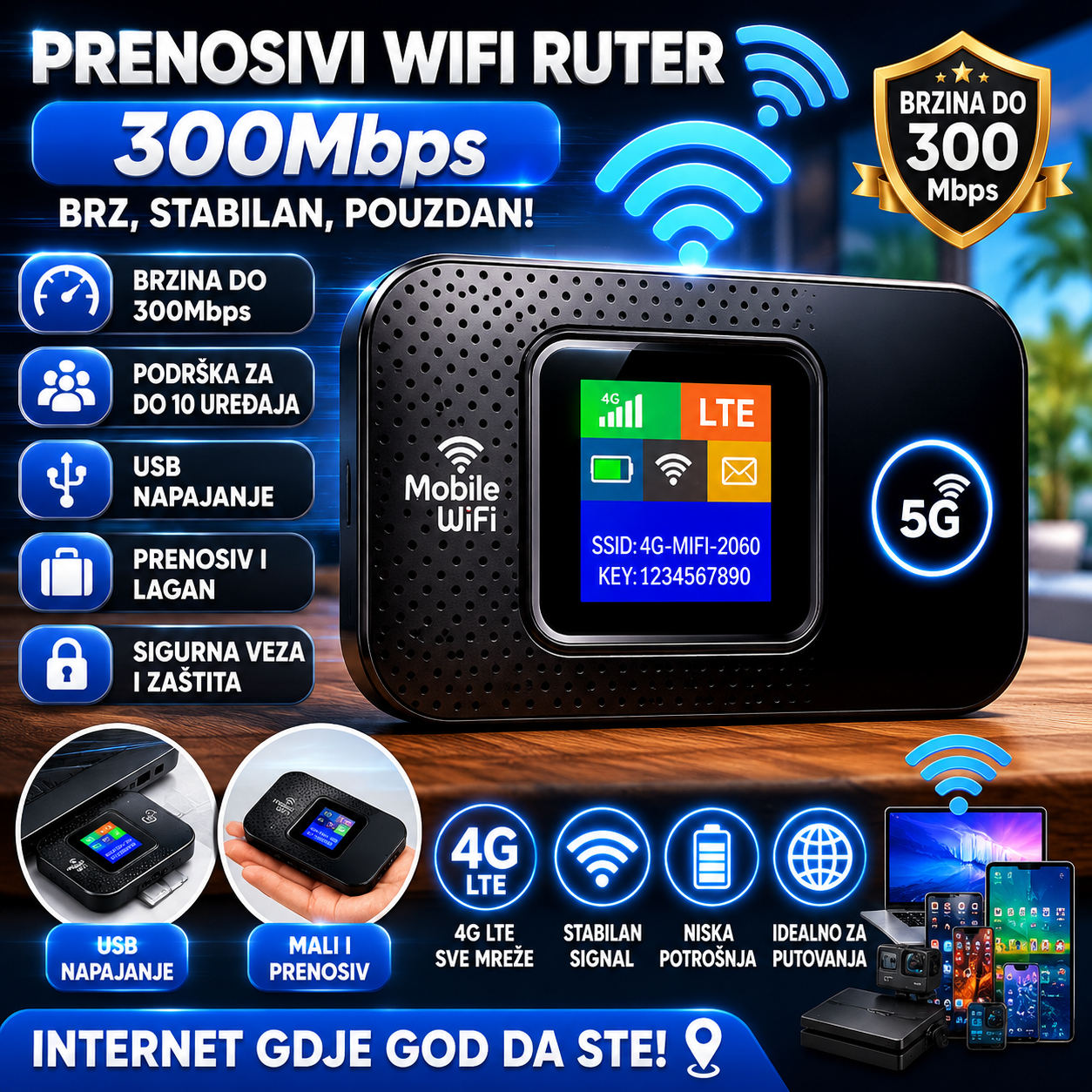 Prenosivi 4G LTE WiFi Ruter 300Mbps – Mobilni Hotspot za Do 10 Uređaja | USB Napajanje, Plug & Play, Sigurna i Stabilna Internet Veza