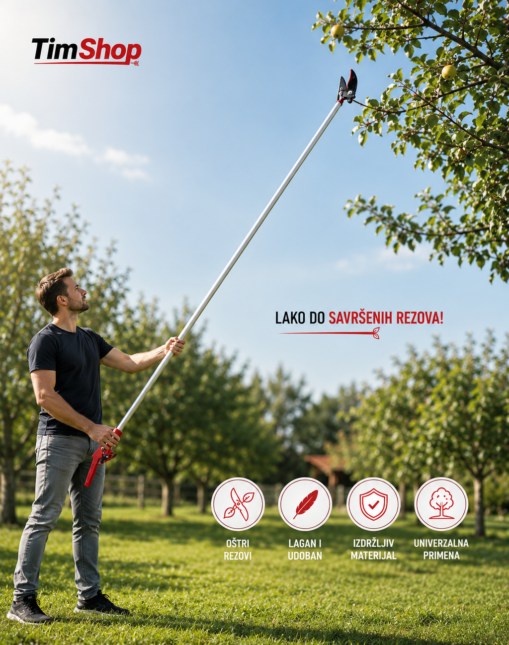 A man in a park holds a long-reach pruning tool with a red handle and a long silver pole, reaching toward tree branches. The image includes the TimShop logo, promotional text in Croatian, and four feature icons at the bottom.