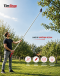 A man in a park holds a long-reach pruning tool with a red handle and a long silver pole, reaching toward tree branches. The image includes the TimShop logo, promotional text in Croatian, and four feature icons at the bottom.
