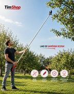 A man in a park holds a long-reach pruning tool with a red handle and a long silver pole, reaching toward tree branches. The image includes the TimShop logo, promotional text in Croatian, and four feature icons at the bottom.