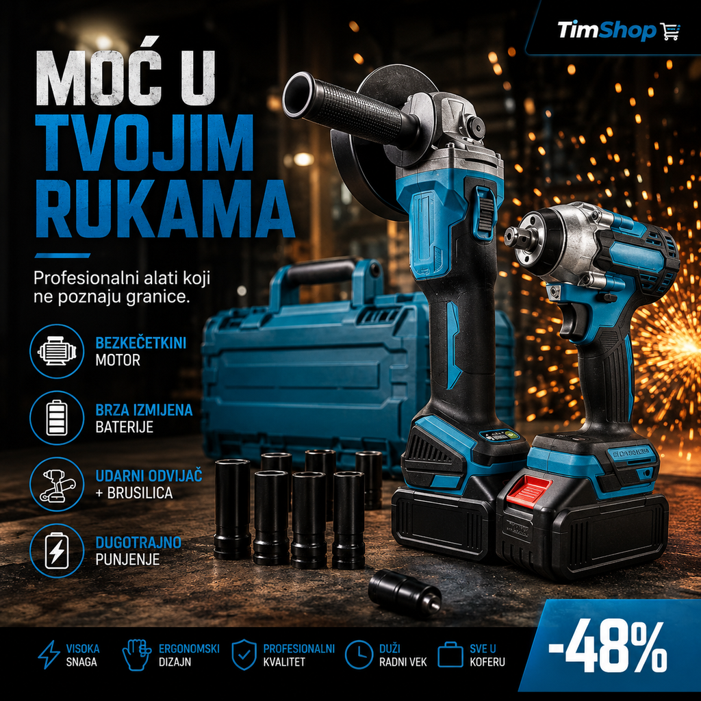Aku Set 128V – Akumulatorska Ugaona Brusilica i Udarni Odvijač/Šrafilica sa 2 Baterije u Koferu