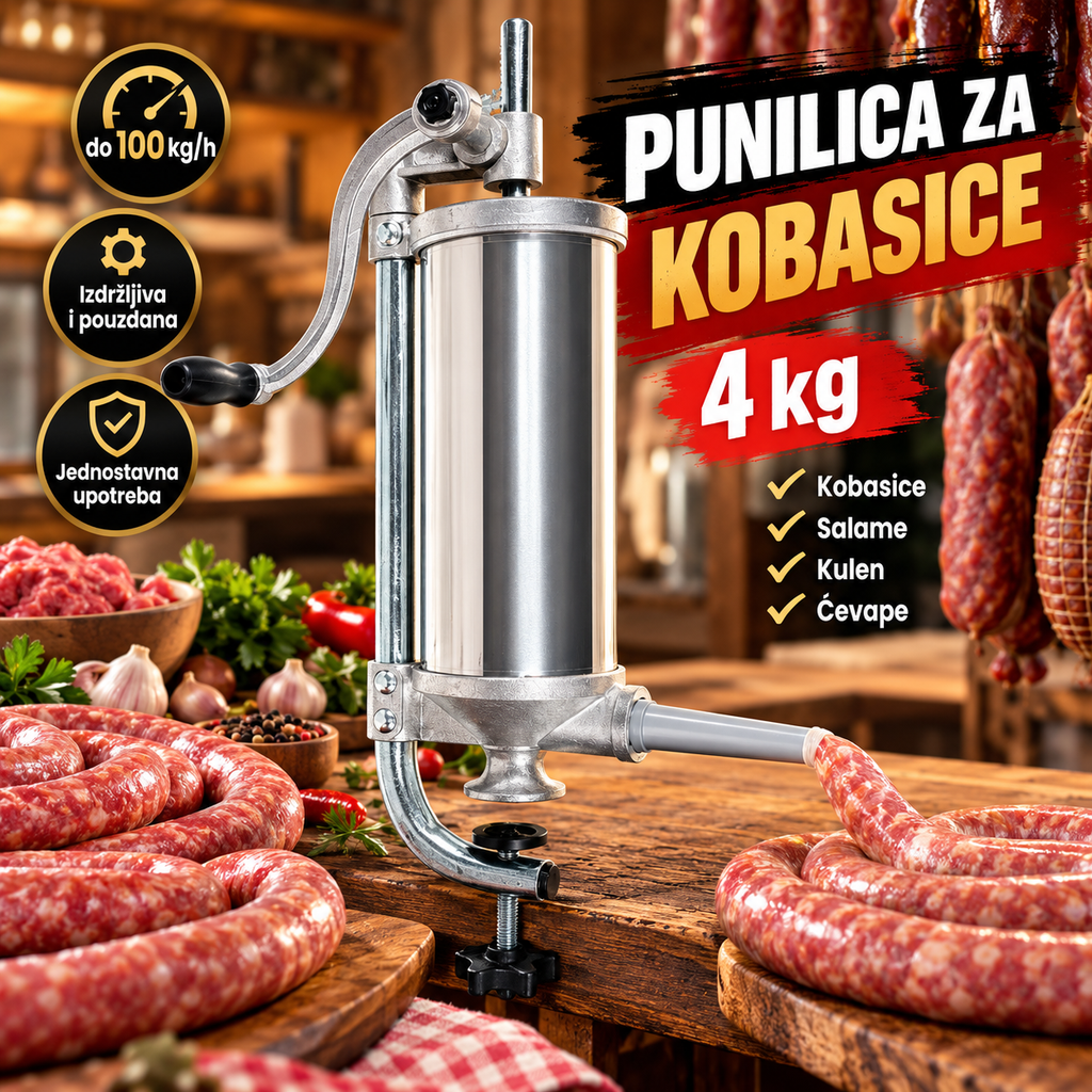 Punilica za Kobasice 4 kg – Mašina za Kobasice, Salame, Kulen i Ćevape | do 100 kg/h