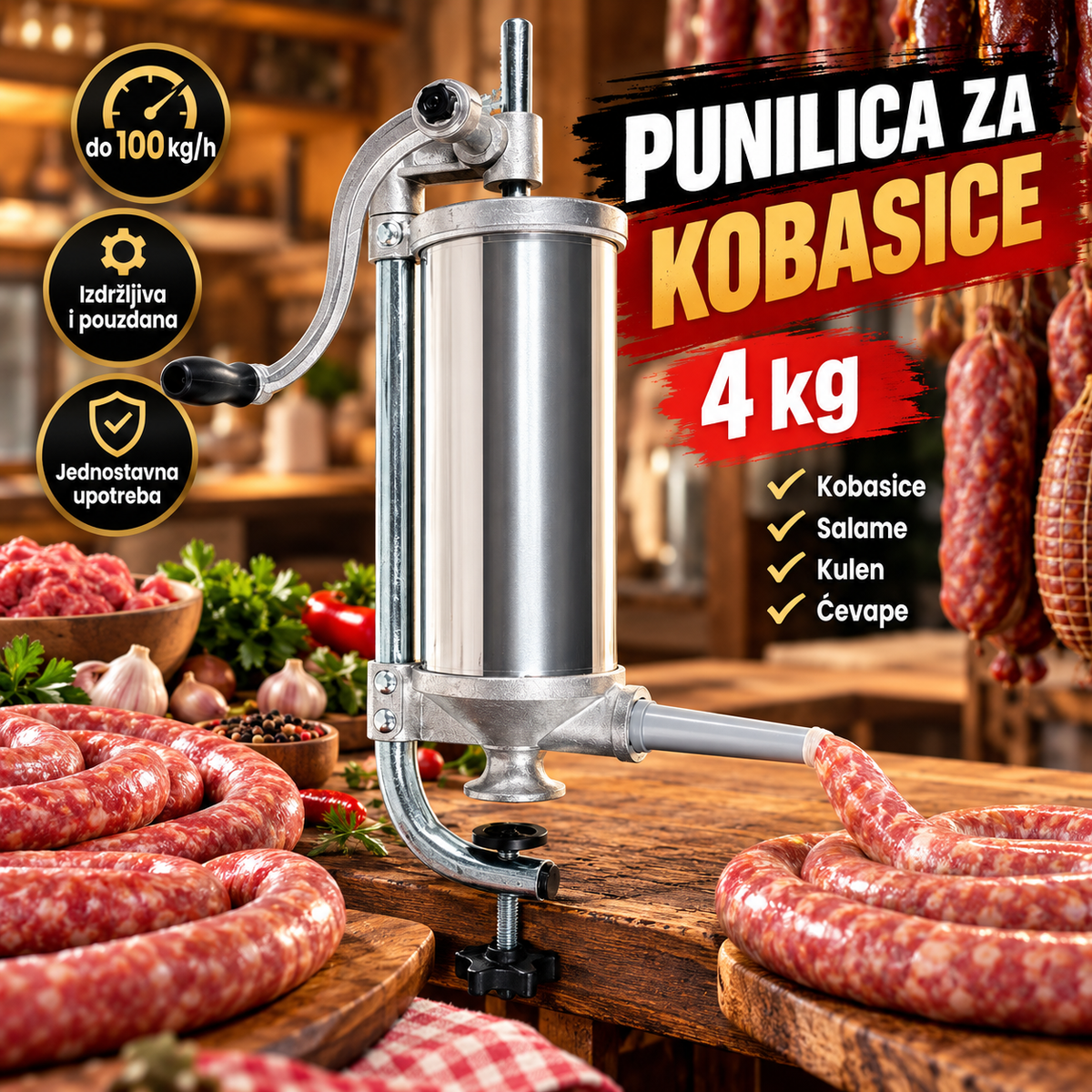 Punilica za Kobasice 4 kg – Mašina za Kobasice, Salame, Kulen i Ćevape | do 100 kg/h