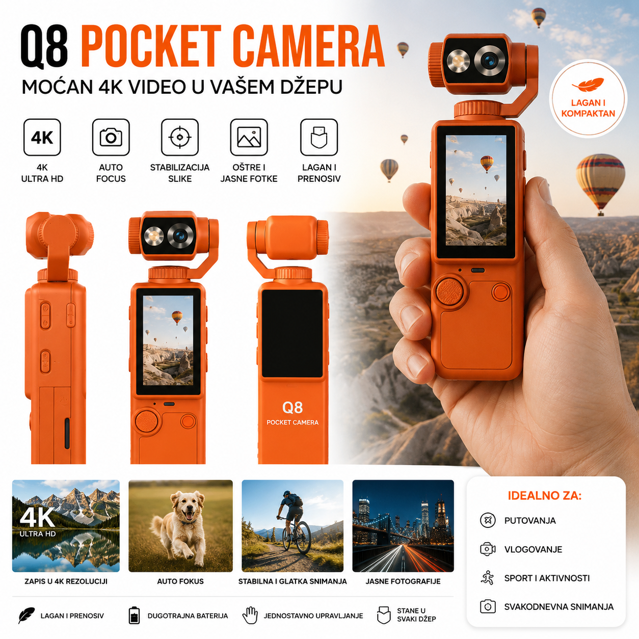 Q8 Mini 4K Kamera – Džepna Ultra HD Kamera sa Auto Fokusom i Stabilnim Snimanjem