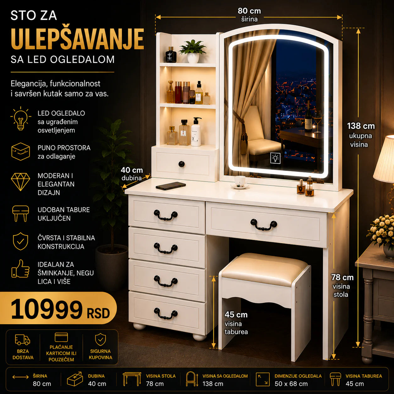 ROYAL Sto za Šminkanje – Toaletni Sto sa LED Ogledalom, Fiokama i Stolicom za Spavaću Sobu