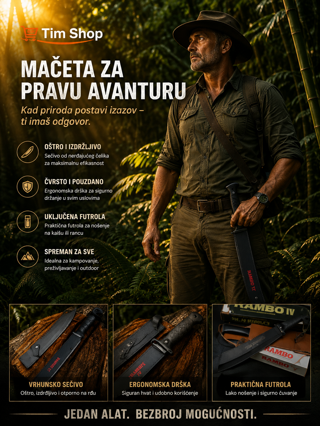 A promotional outdoor graphic for a Tim Shop tactical backpacking knife set, featuring a man in a jungle setting holding a black knife with red branding. The image includes text in Croatian, product feature icons, and three smaller product detail panels at the bottom showing the knife components.