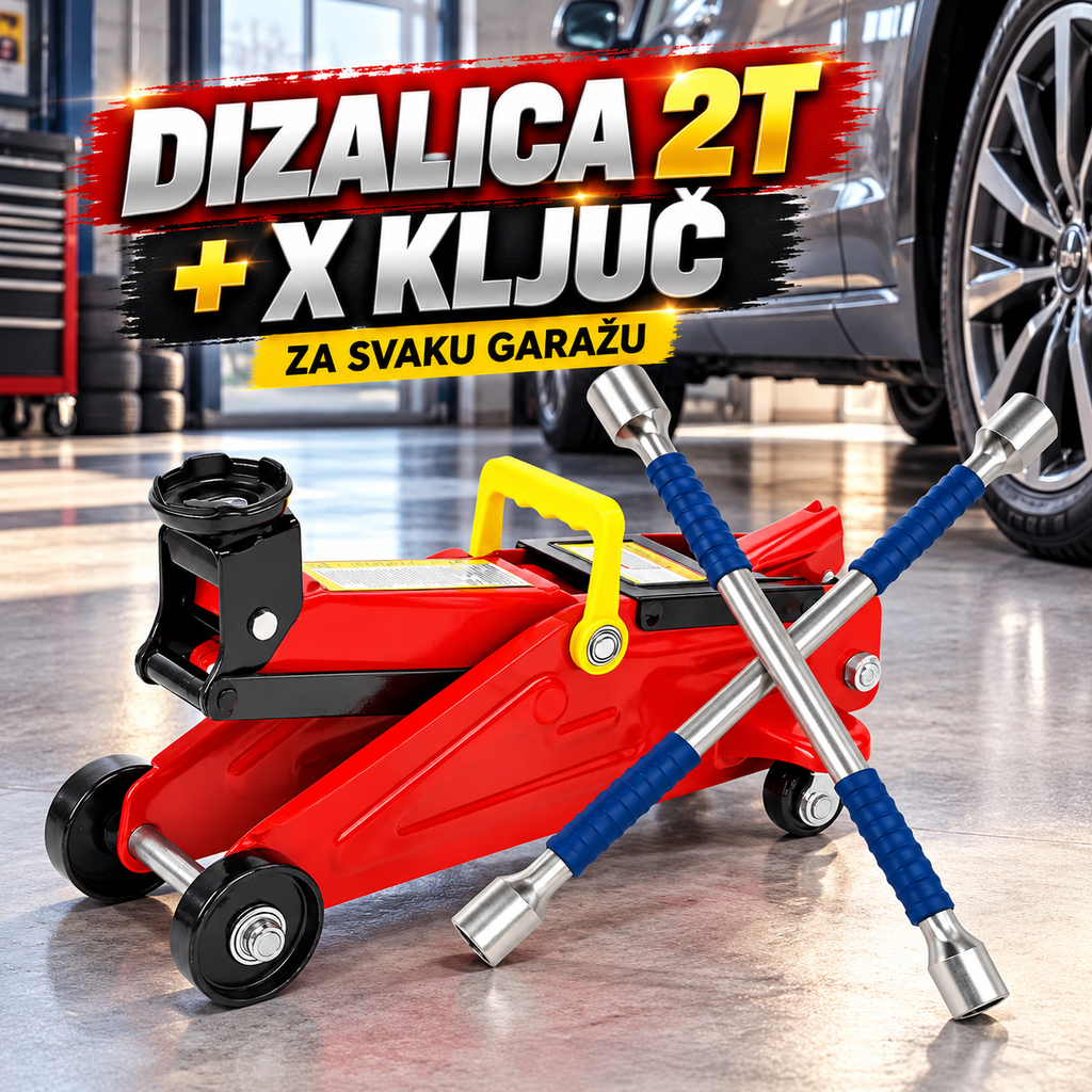 Hidraulična Dizalica za Auto Krokodil 2T + X Ključ za Točkove – Set za Zamenu Guma