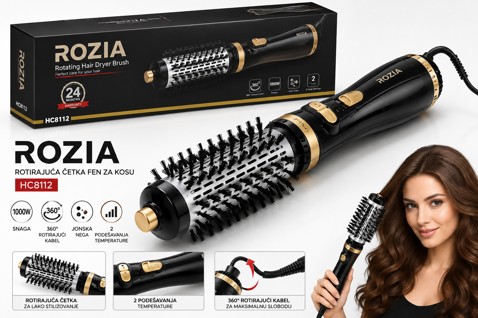 Rozia HC8112 Rotirajuća Četka Fen za Kosu – 2u1 Fen i Styler za Sušenje, Oblikovanje i Volumen Kose