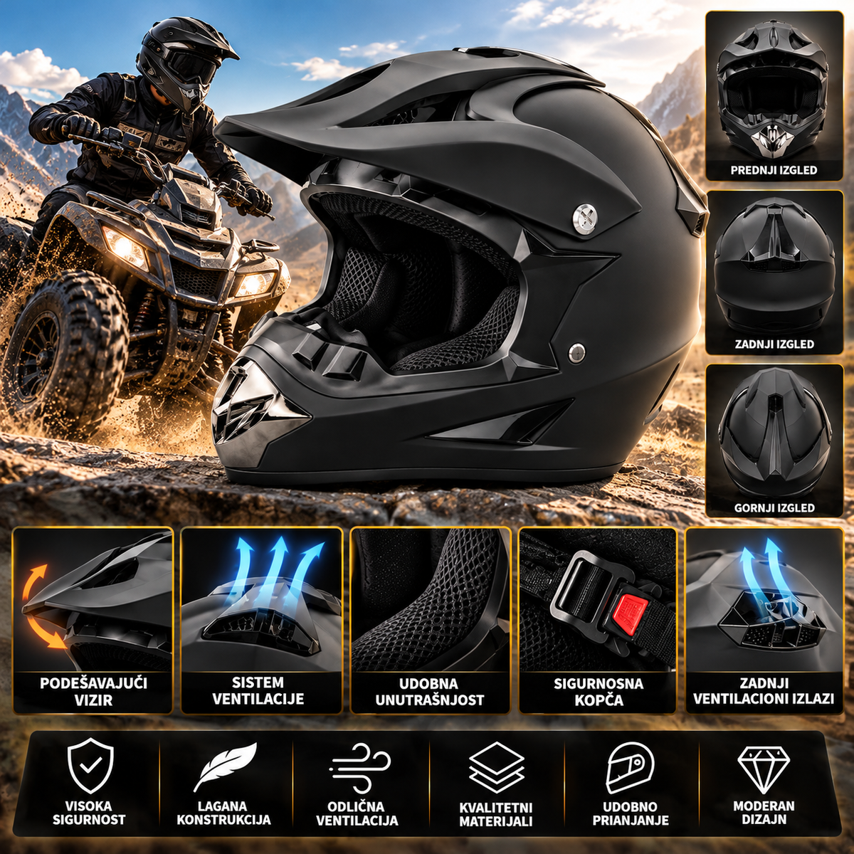 Cross i Enduro Kaciga za Motor i Kvad – Integralna Zaštitna Kaciga sa Štitnikom i Ventilacijom
