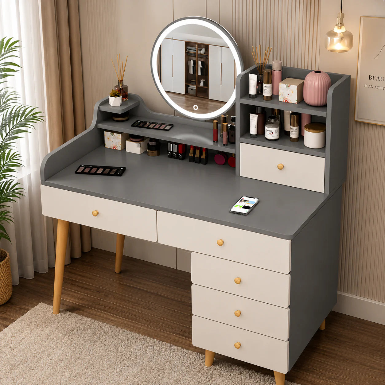 SARA Toaletni Sto sa LED Ogledalom i Tabureom – Elegantan Beauty Sto