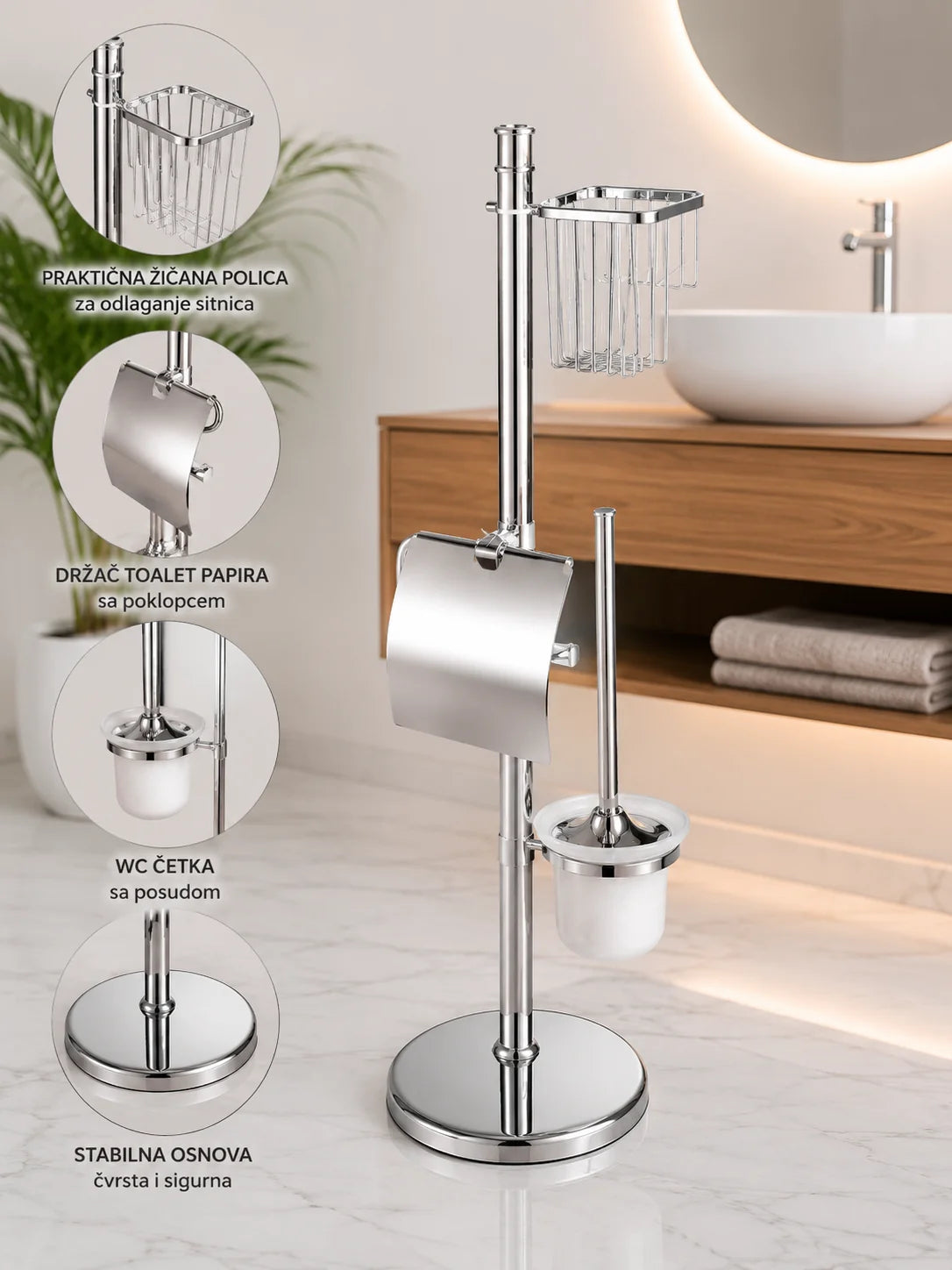 Inox Stalak za WC Papir i WC Četku sa Policom | Samostojeći Držač 80 cm