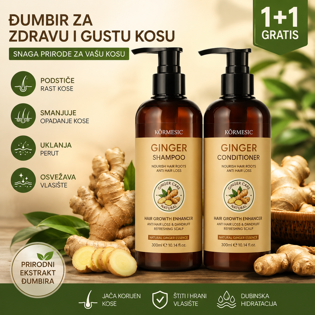 Šampon i Regenerator sa Đumbirom 1+1 GRATIS – Protiv Opadanja Kose, Za Brži Rast i Protiv Peruti