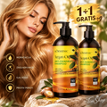 Two bottles of Körmesic Argan Oil Anti-Dandruff Shampoo displayed on a stone surface next to a woman with long blonde hair. The image includes promotional text in Indonesian ('1+1 GRATIS') and feature icons on the left, and a 'Tim Shop' watermark in the bottom right corner.