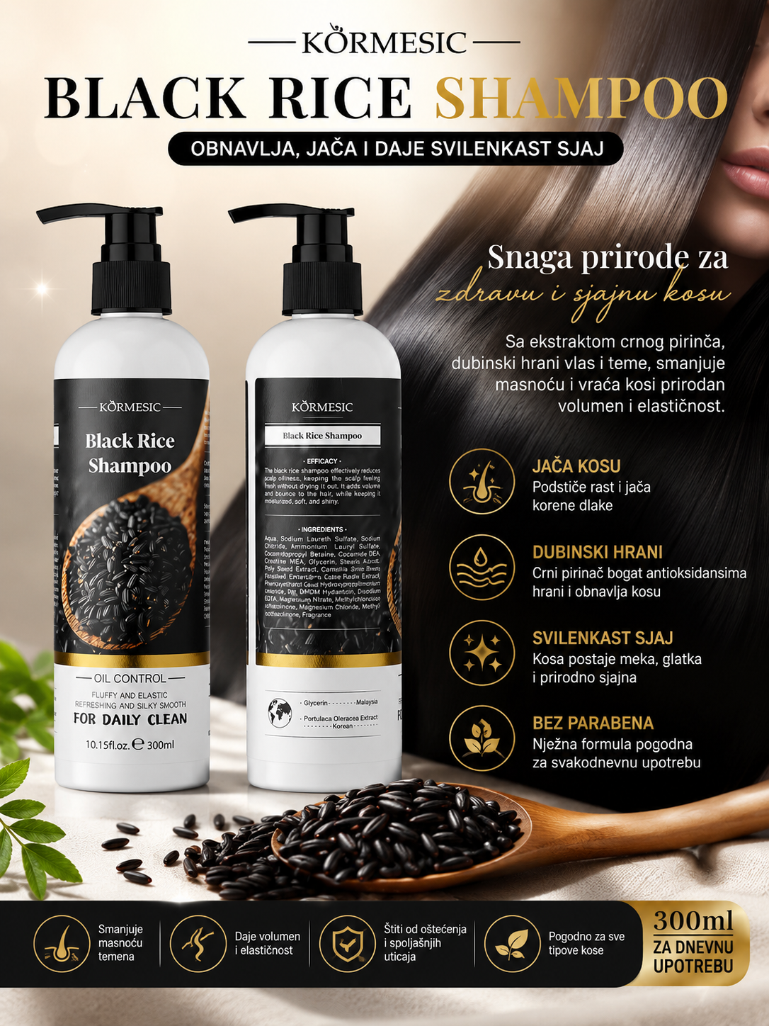 Šampon sa Ekstraktom Crnog Pirinča – Obnavlja, Jača i Daje Svilenkast Sjaj