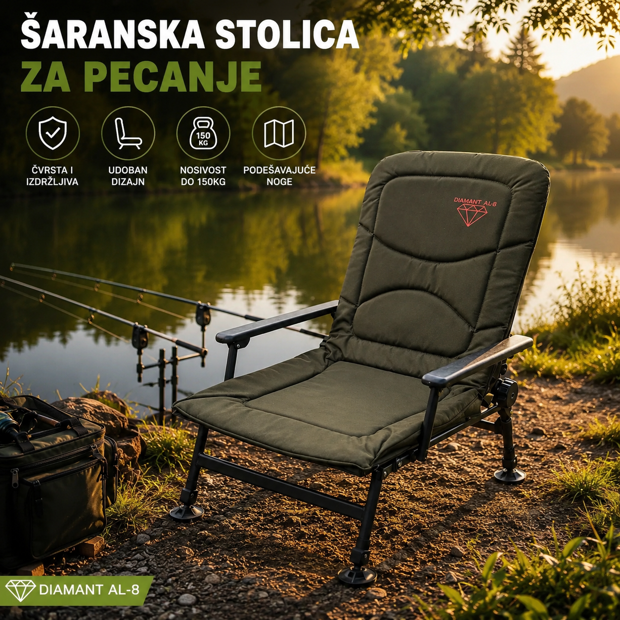 Šaranska stolica aluminijumska 160kg – Sklopiva ribolovačka stolica visoke nosivosti