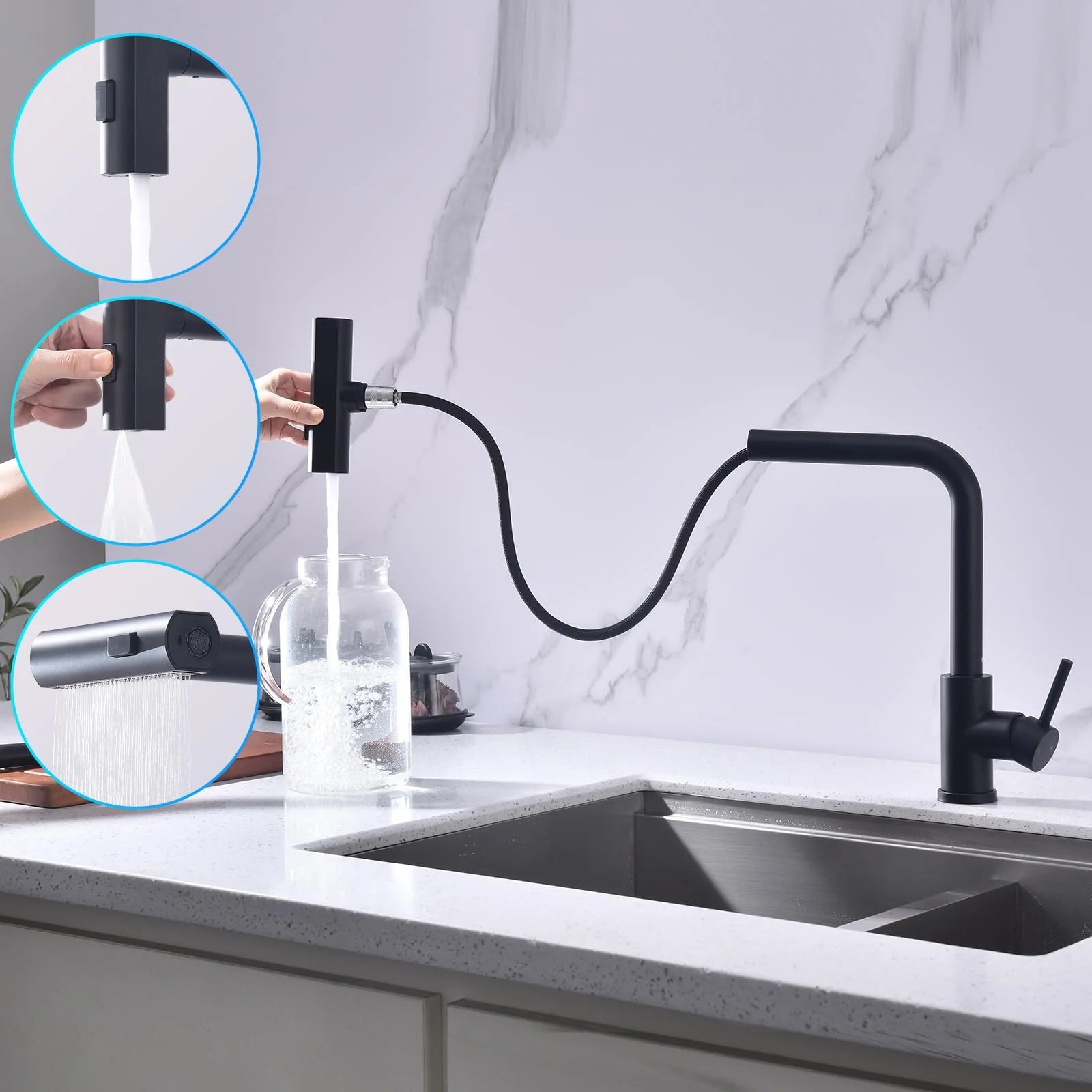 Crna Kuhinjska Slavina sa Vodopad Tušem i Izvlačnim Tušem