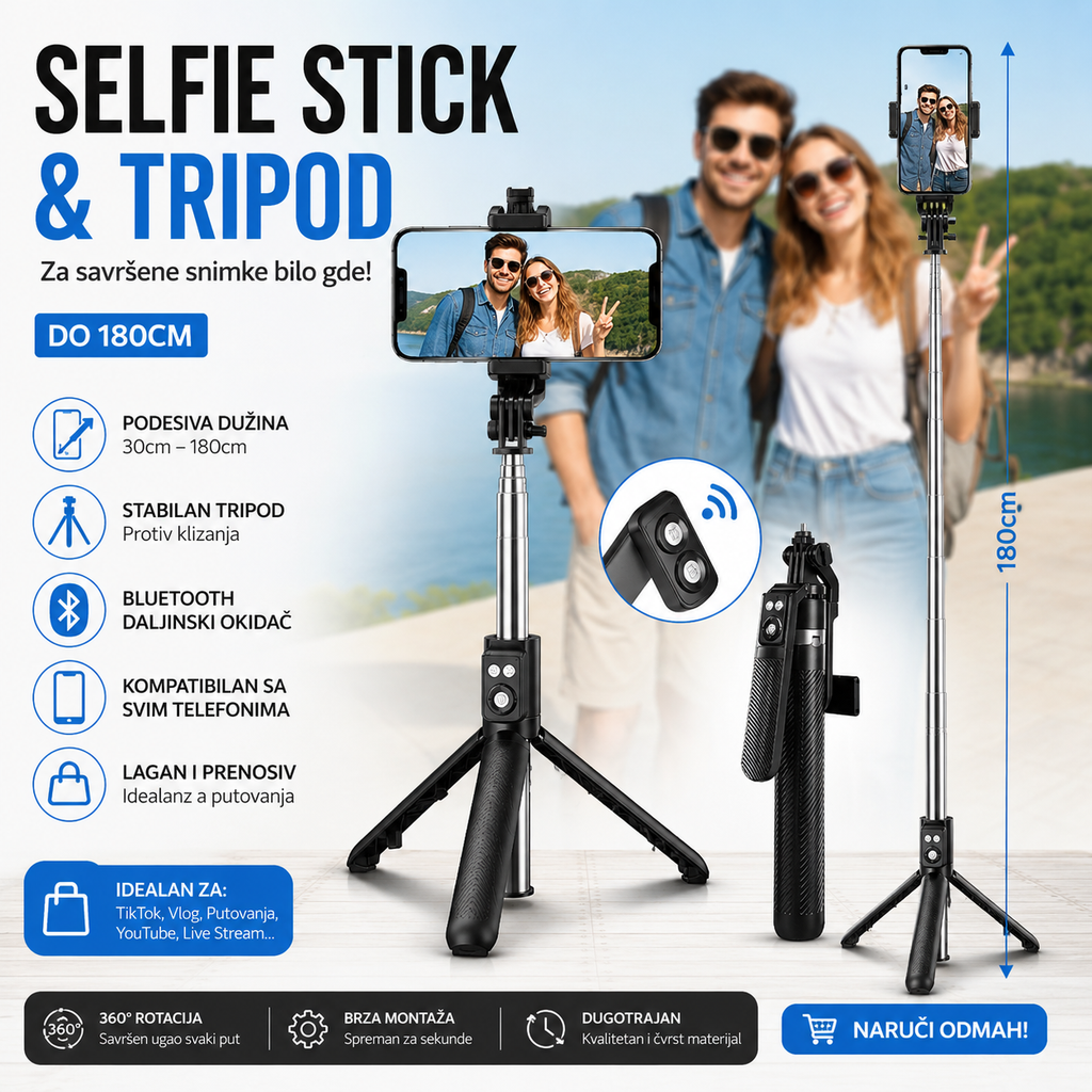 Selfie Štap sa Tripodom 1.8m – Držač za Telefon za TikTok, Instagram i YouTube Snimanje