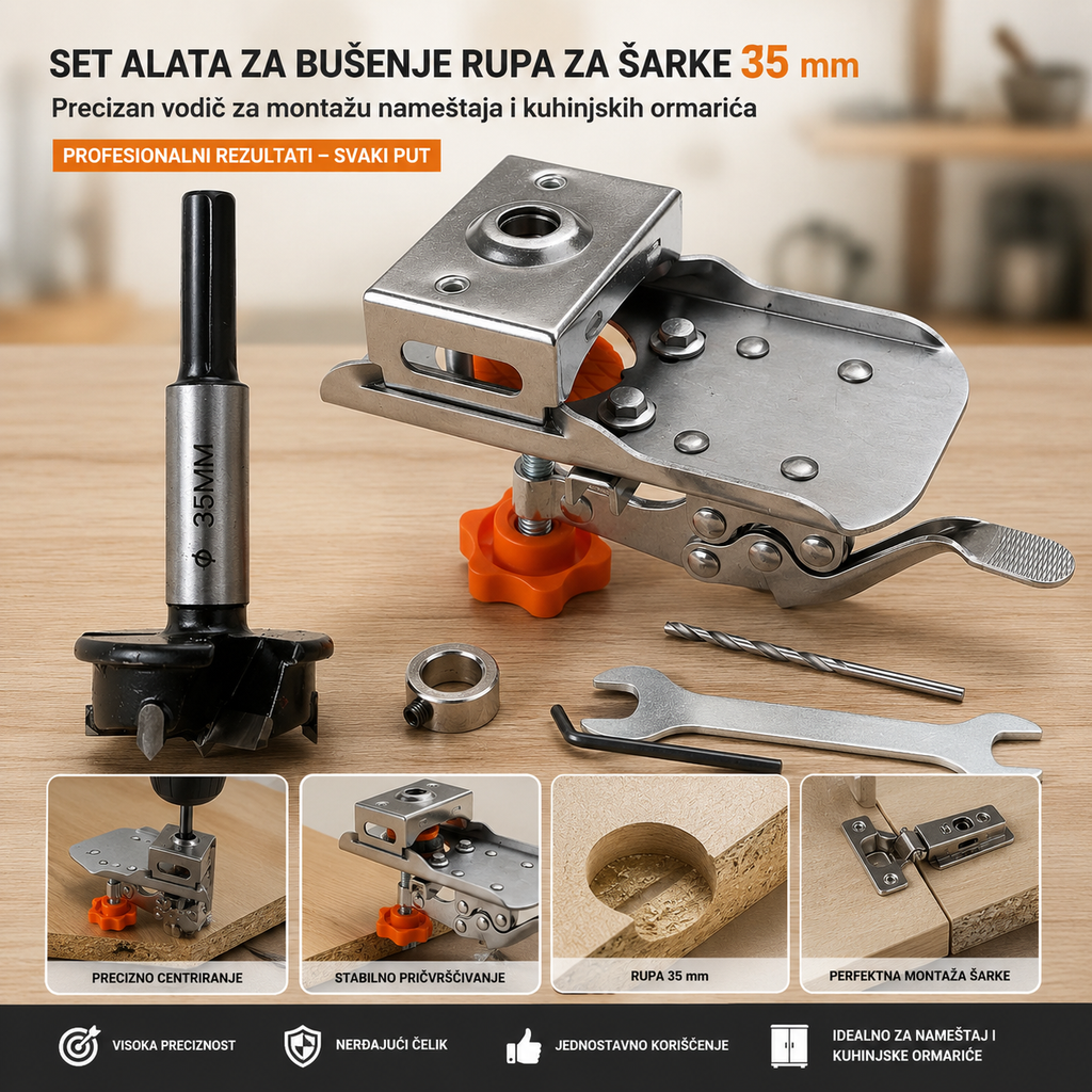 Set za Ugradnju Šarki 35 mm od Nerđajućeg Čelika – Precizno Bušenje Rupa za Ormariće