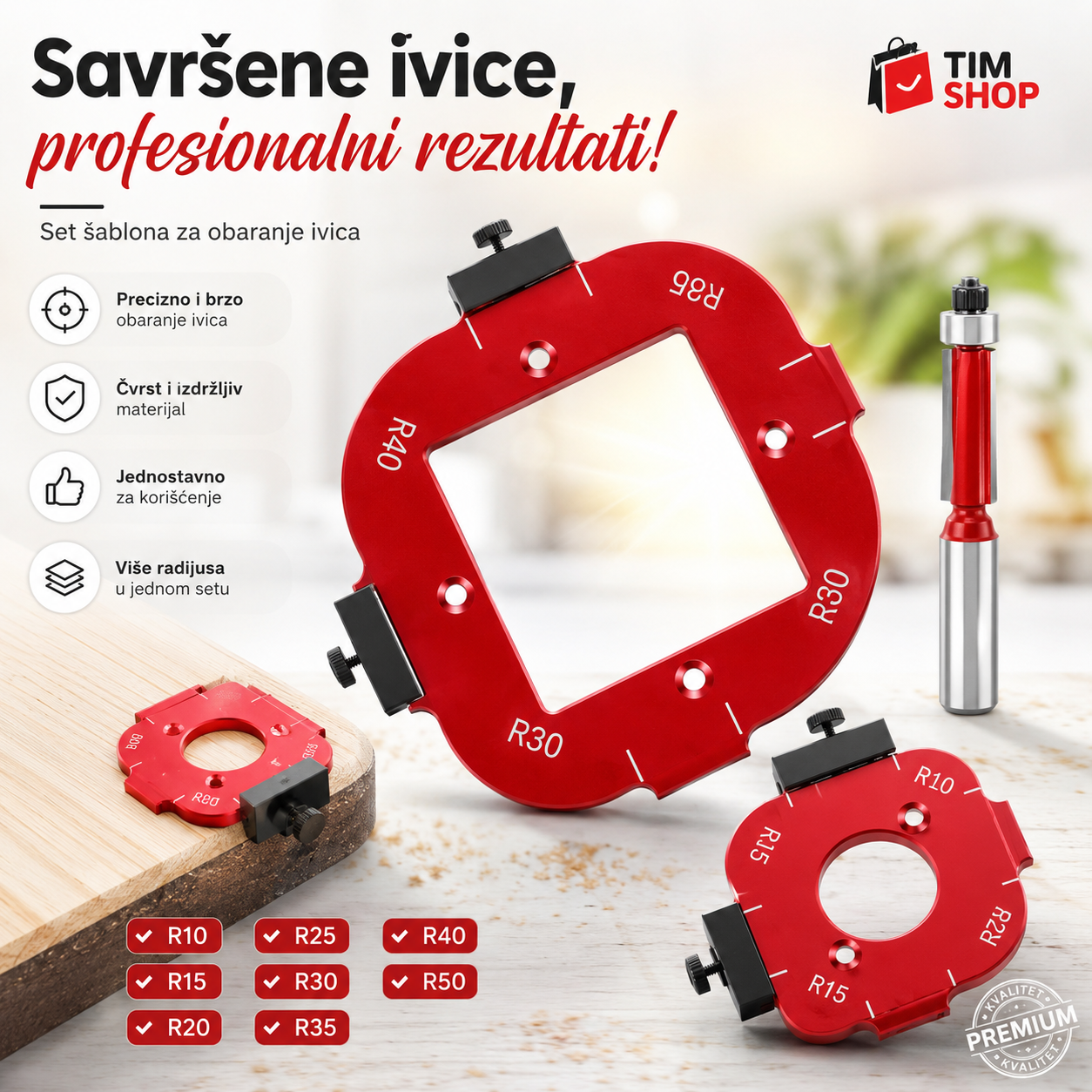 Set Šablona za Obaranje Ivica za Drvo sa Glodalom – Aluminijumski Šabloni za Precizno Zaobljavanje Uglova