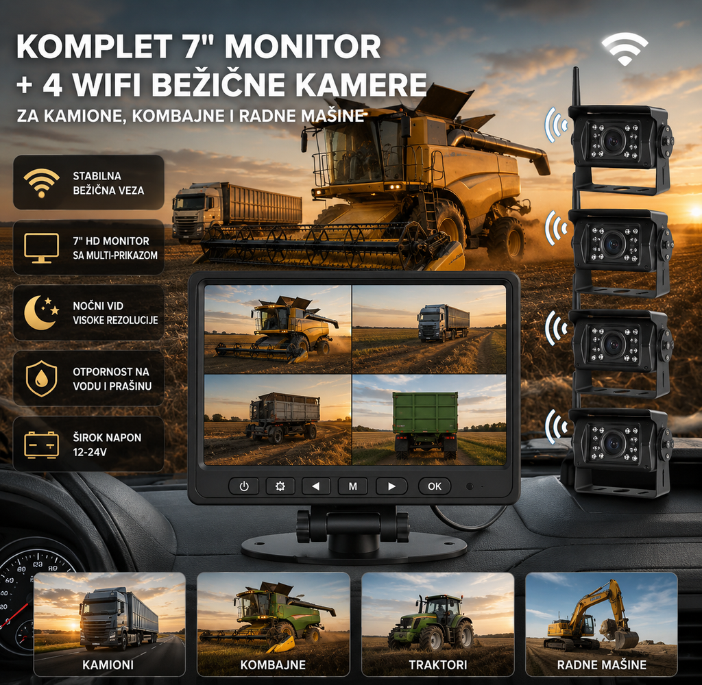 Set 7" HD Monitor + 4 WiFi Bežične Kamere za Kamione, Kombajne, Traktore i Radne Mašine – Noćni Vid, IP69 Vodootporno