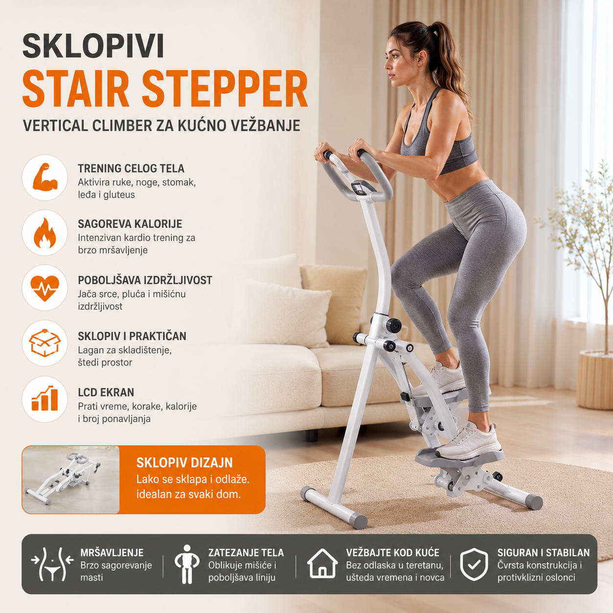 Vertical Climber Sprava za Vežbanje – Sklopivi Stair Stepper za Kardio, Zatezanje Tela i Mršavljenje
