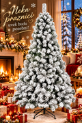 A pre-laid snow-flocked artificial Christmas tree stands in a cozy decorated living room with a fireplace, wrapped gifts, and warm holiday lights. Decorative text in the upper left reads 'Neka praznici uvek budu posebni!'.