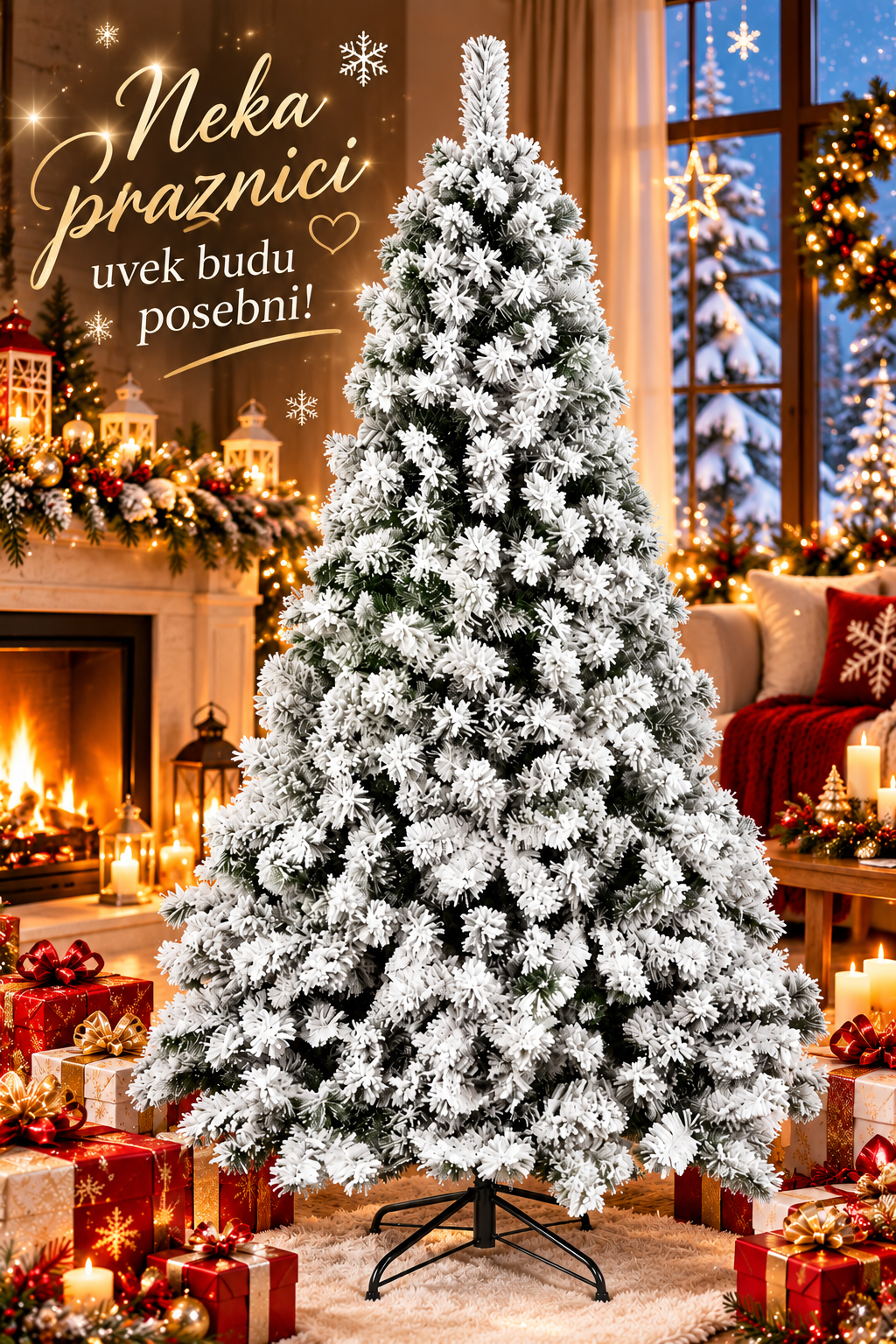 A pre-laid snow-flocked artificial Christmas tree stands in a cozy decorated living room with a fireplace, wrapped gifts, and warm holiday lights. Decorative text in the upper left reads 'Neka praznici uvek budu posebni!'.