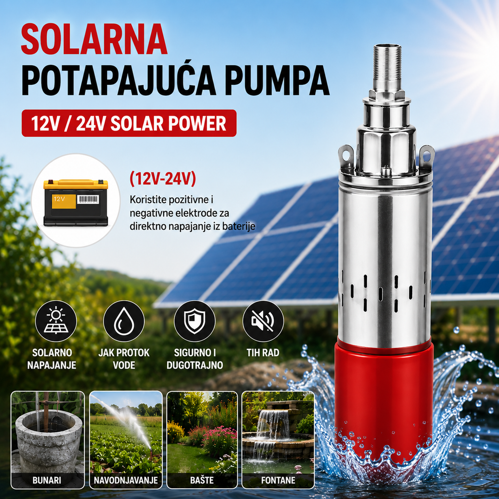 Solarna Potapajuća Pumpa 12V za Bunare – DC Pumpa za Vodu za Navodnjavanje Bašte, Fontane i Rezervoare