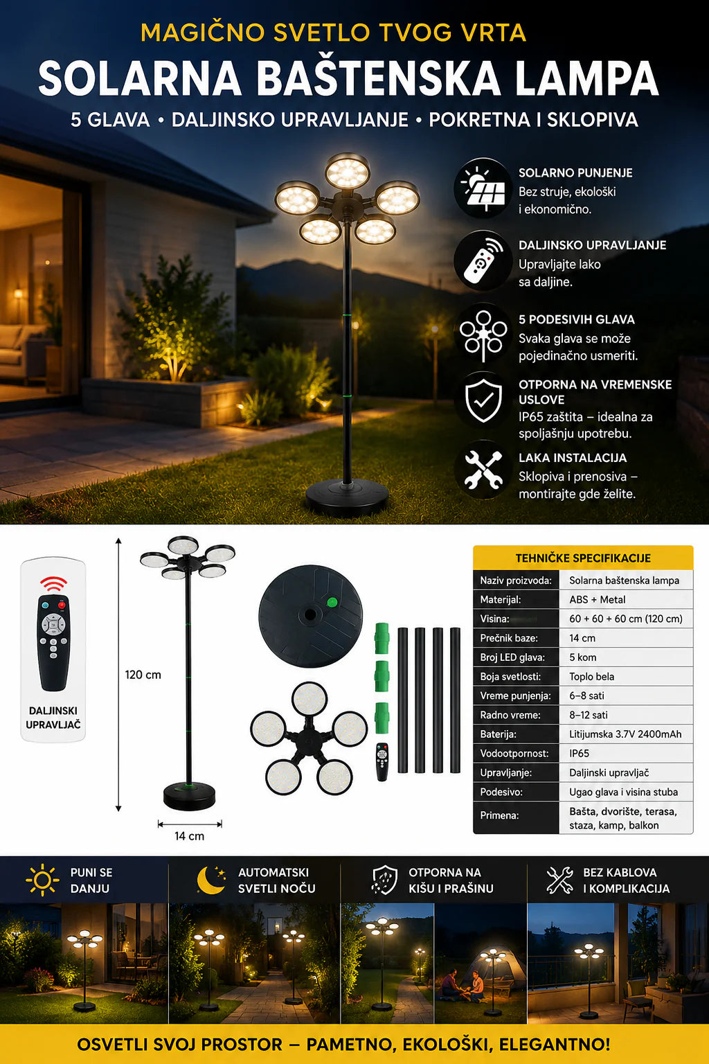 Solarna LED Baštenska Lampa 5 Glava – Pametno Spoljno Osvetljenje sa Daljinskim