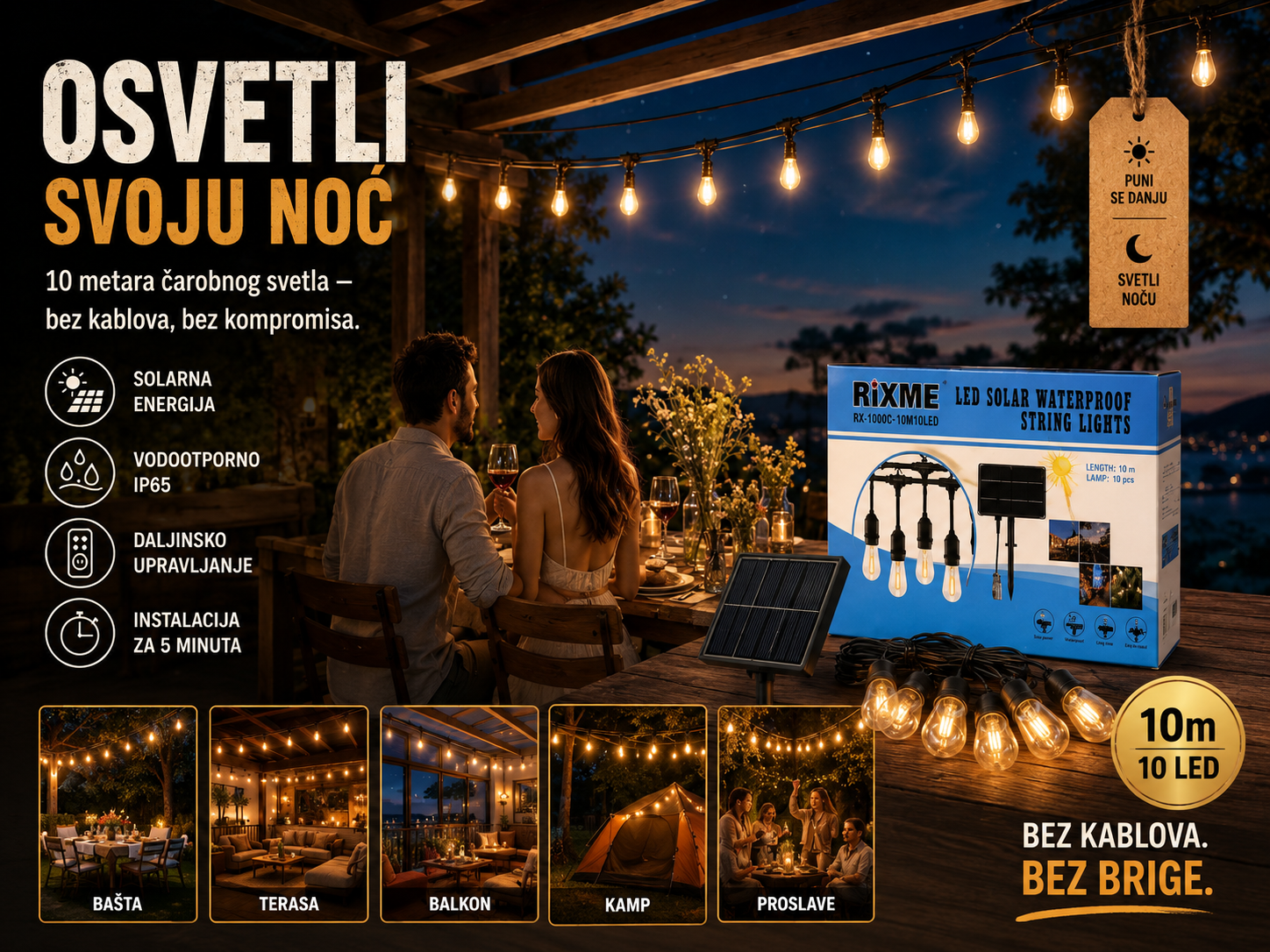Solarne LED Lampe za Dvorište 10 m sa Odvojenim Solarnim Panelom – Vodootporna Dekorativna Rasveta za Baštu, Terasu i Balkon