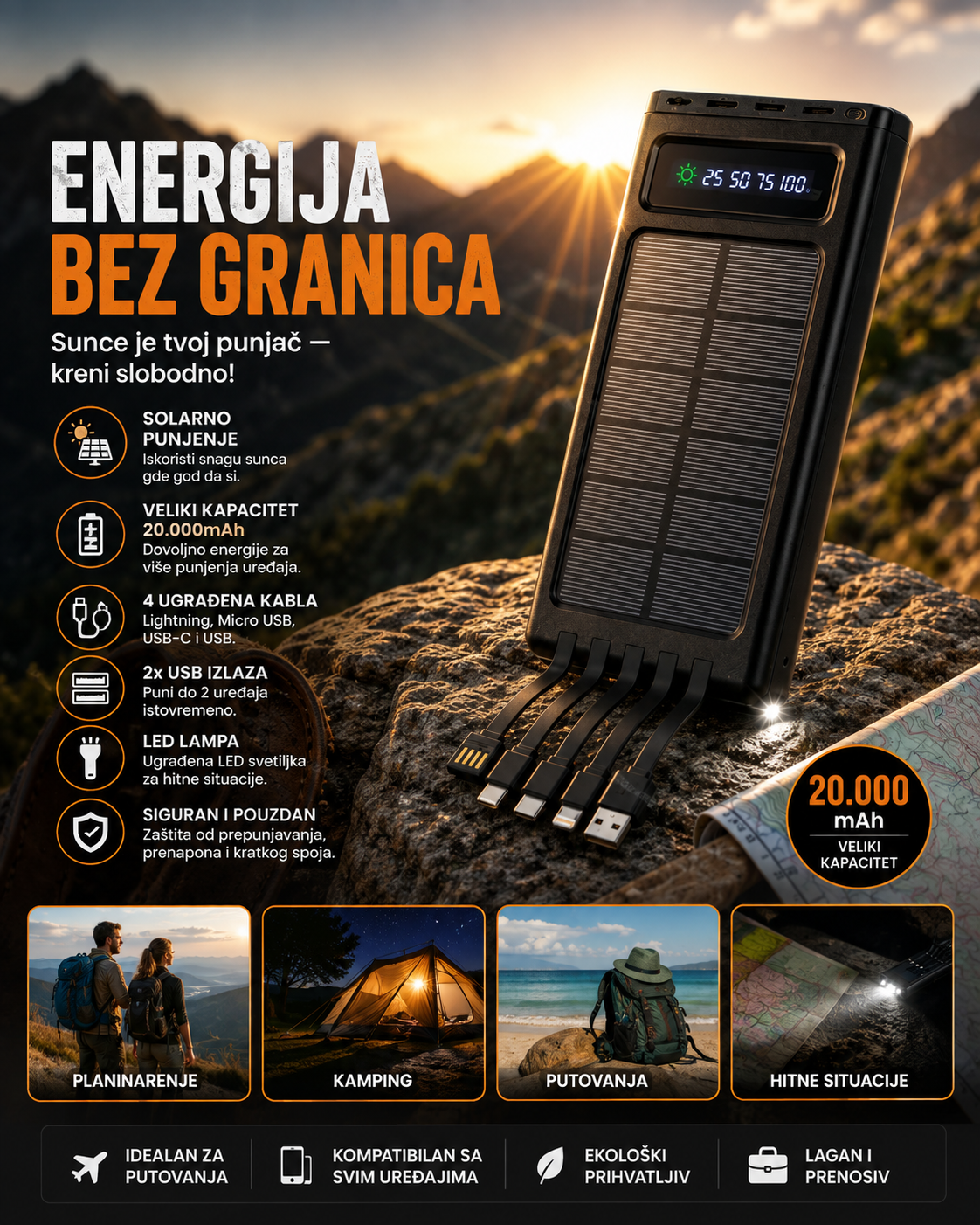 A promotional graphic for a portable solar power station shown outdoors in a mountain landscape at sunrise. The device is black with a solar panel top and a small digital display.