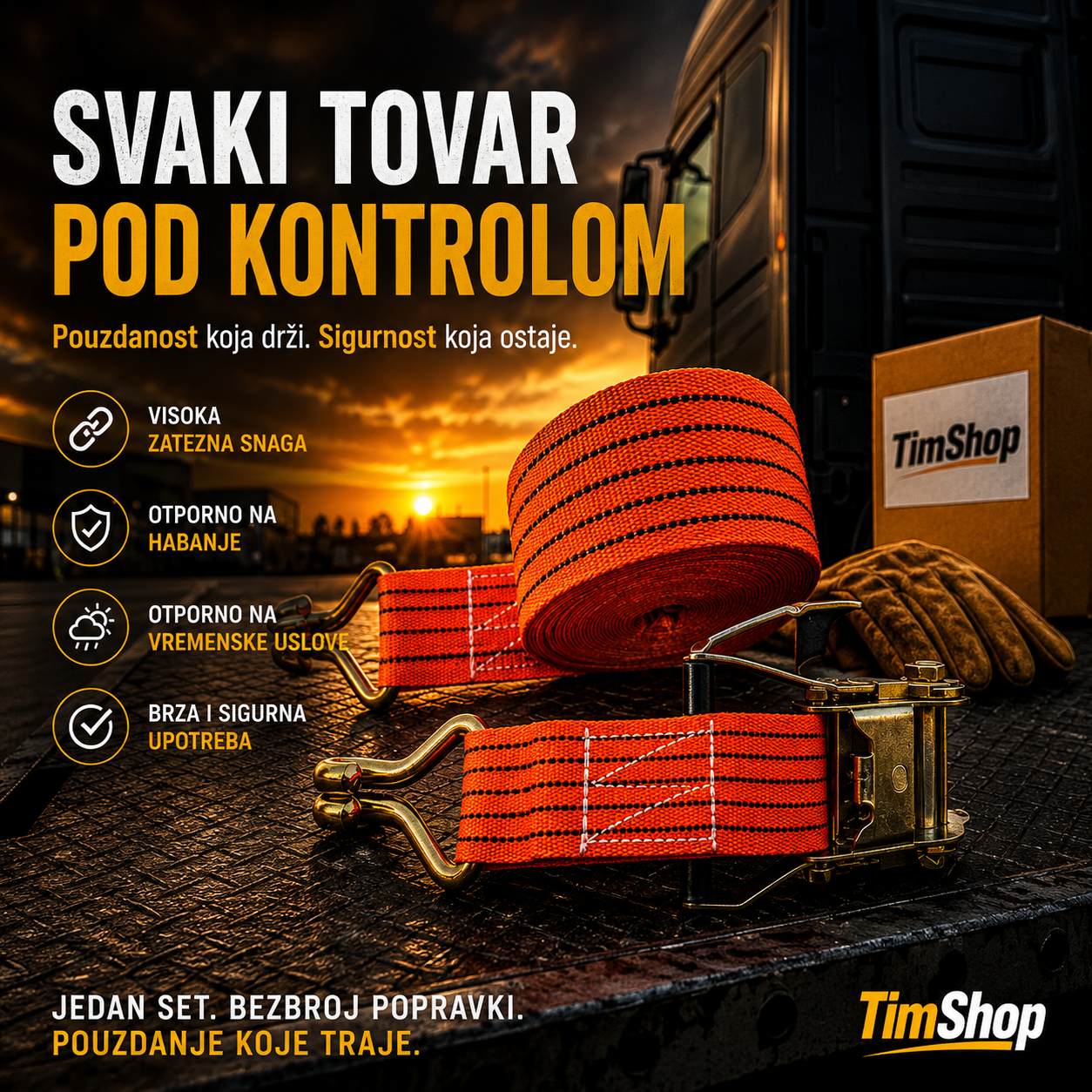 Španer 10 Metara – Zatezna Traka za Fiksiranje Tereta na Prikolici, Kamionu i Kombiju