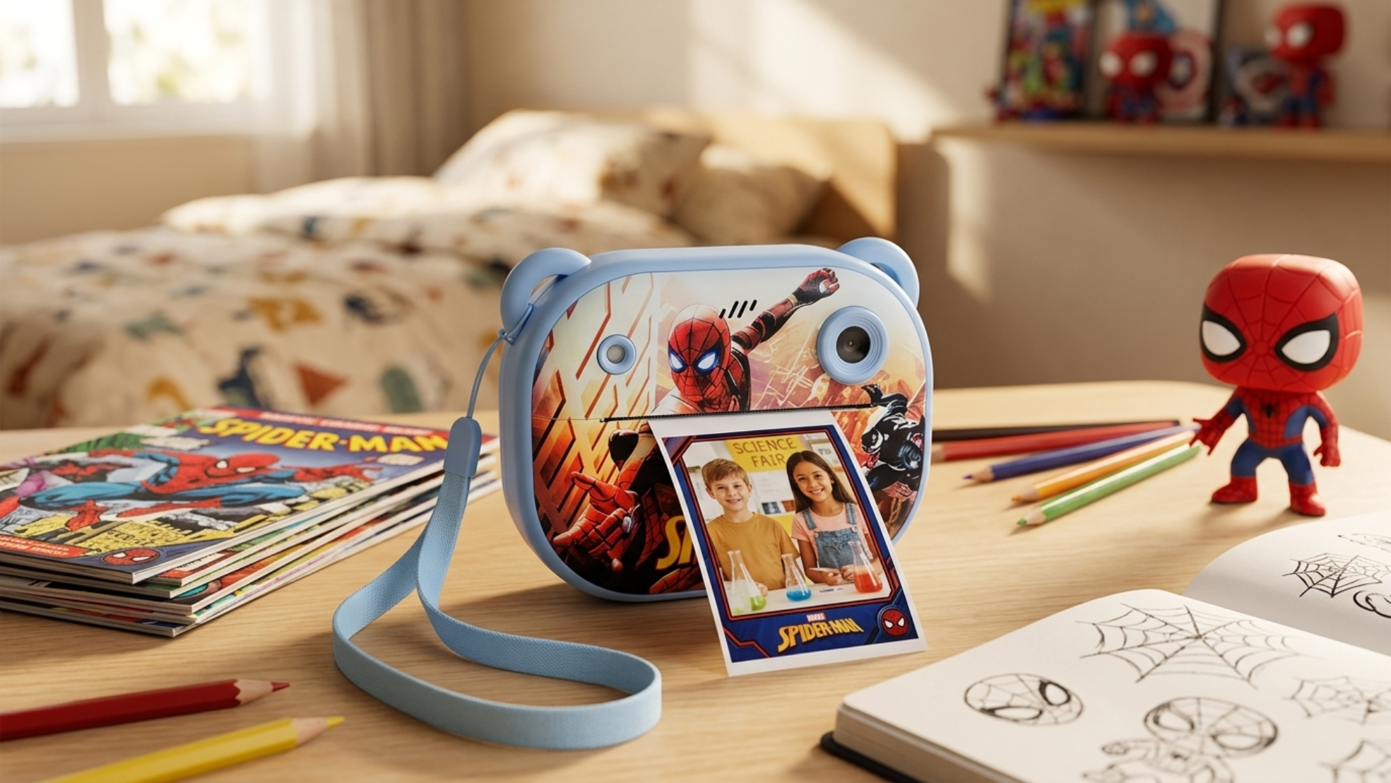 Spiderman Dečiji Fotoaparat sa Instant Štampom – Selfi Kamera, Video Snimanje i Zabavne Igre za Decu