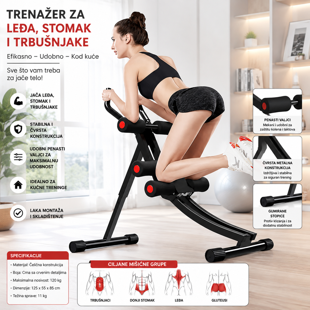 Sprava za Vežbanje Leđa, Stomaka, Trbušnjaka i Abdomena – Profesionalni Kućni Trenažer za Jačanje Core Mišića i Fitness