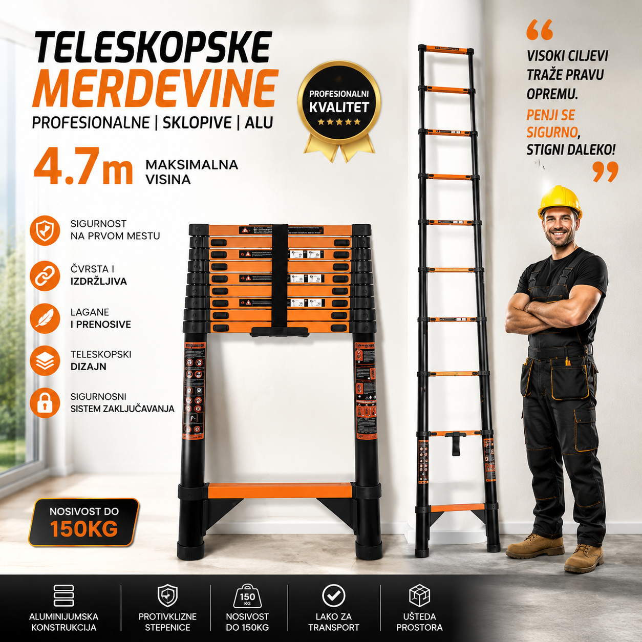 Teleskopske Aluminijumske Merdevine 4,7 m – Sklopive Merdevine Nosivosti do 150 kg