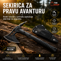 Black tactical axe and matching sheath displayed on a log outdoors, with promotional text and icons in Croatian. The product is clearly the axe and sheath; the background is a blurred natural outdoor scene.