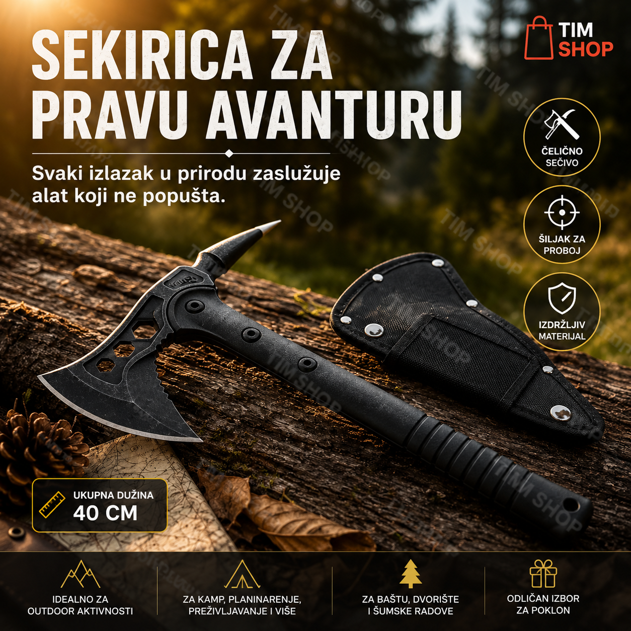 Black tactical axe and matching sheath displayed on a log outdoors, with promotional text and icons in Croatian. The product is clearly the axe and sheath; the background is a blurred natural outdoor scene.